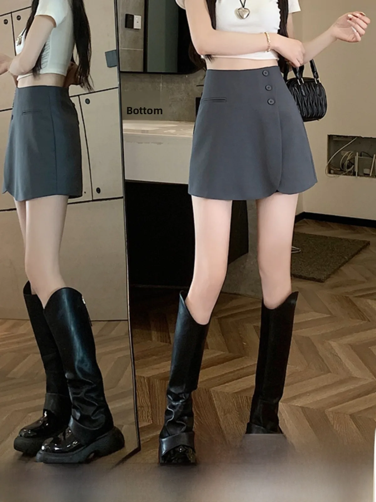 Gray A-Line Wide Leg Pants Skirt Suit Short Pants Skirt for Women College Style Summer New Small Size Hot Items High Waist