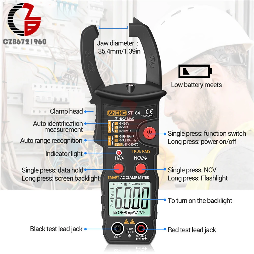 ANENG ST184 Digital Multimeter Clamp Meter True RMS 6000 Counts Professional Measuring Testers AC DC Voltage Current Ohm Meter