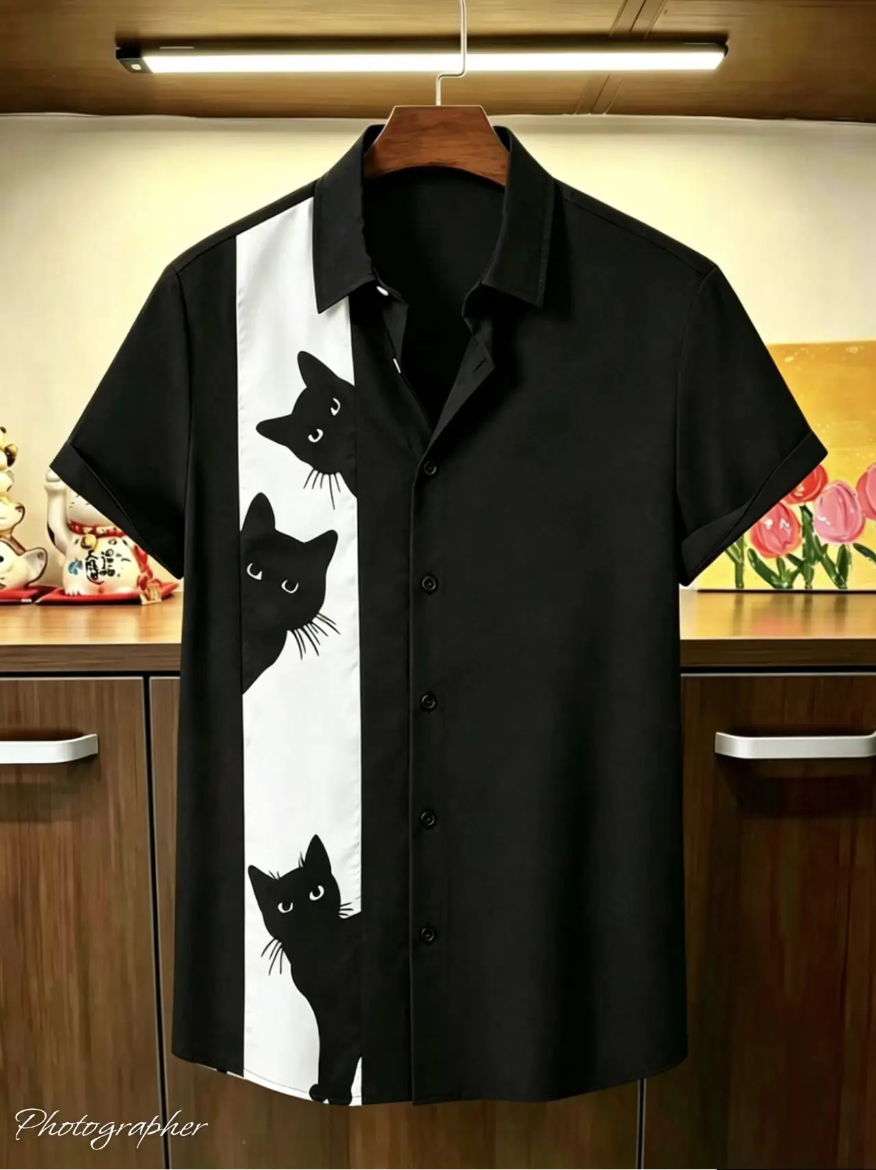 Men's cat printed short sleeved shirt, casual collar, loose cut, trendy and fashionable men's top, comfortable and breathable