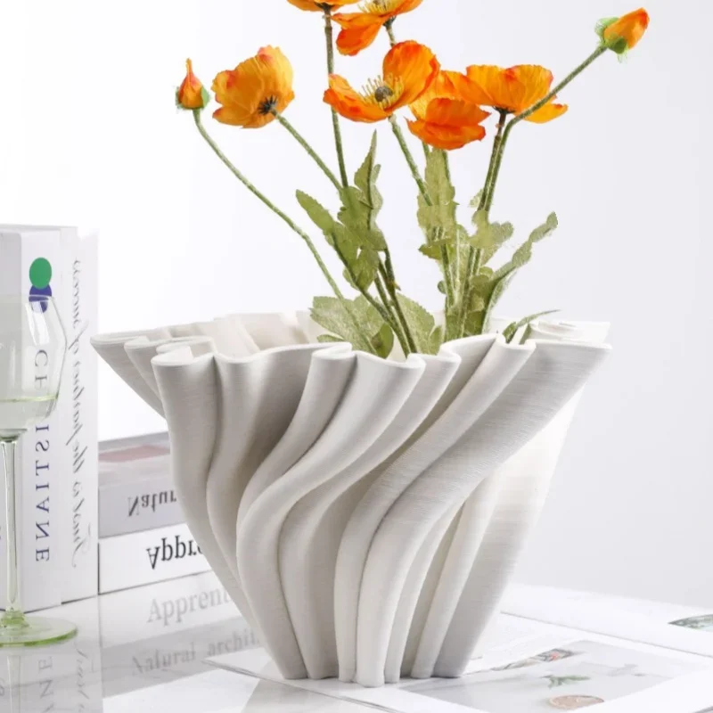 White Ceramic Vase Three-dimensional Pleated Flower Pot Petal-shaped Flower Vase Flowerpot Terrarium Home Decoration Accessories