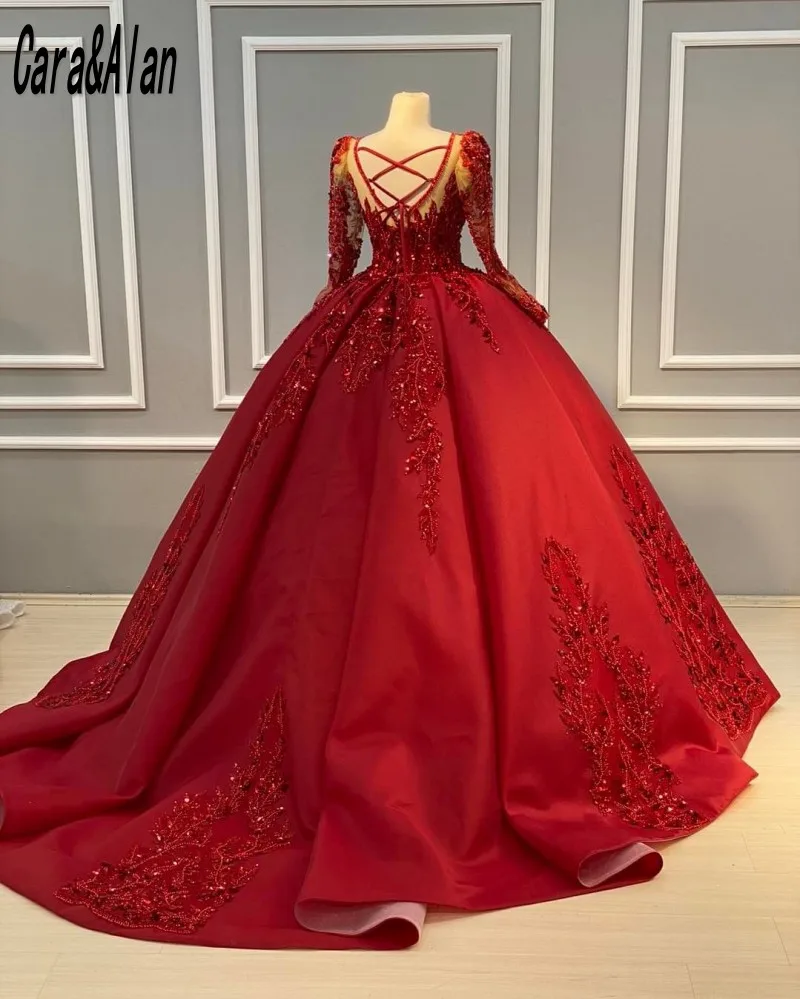 Modest Red Evening Dresses Long Sleeve Beading Sequin Satin Ball Gown Prom Dress Customized Women Wedding Reception Party Dress