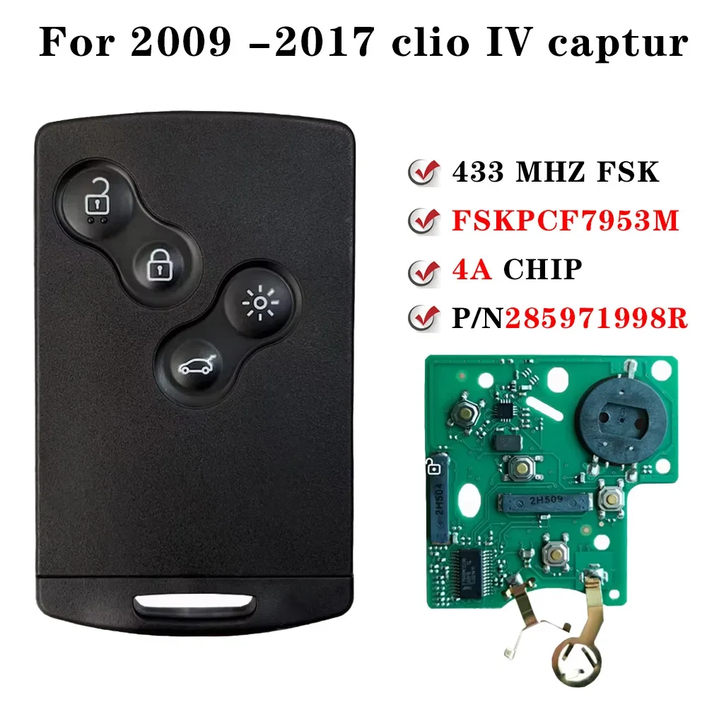 For 2009 2010 2011 2012 2013 2014 2015 2017 Renault Clio IV Captur 285971998R Keyless Smart Key 4A Chip 433 MHZ