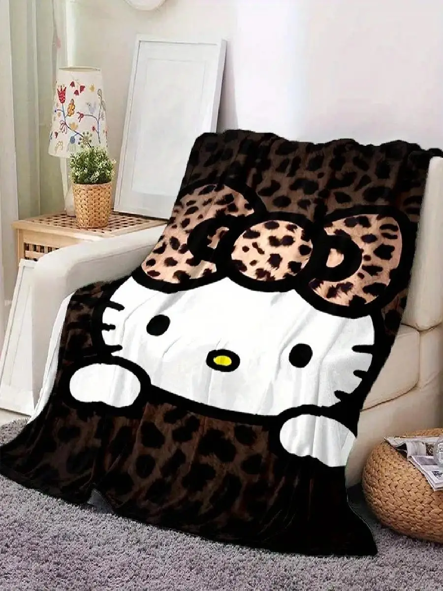 PC Hello Kitty Leopard Print Fuzzy Blanket Multipurpose for Living Room Bedroom Camping Travel