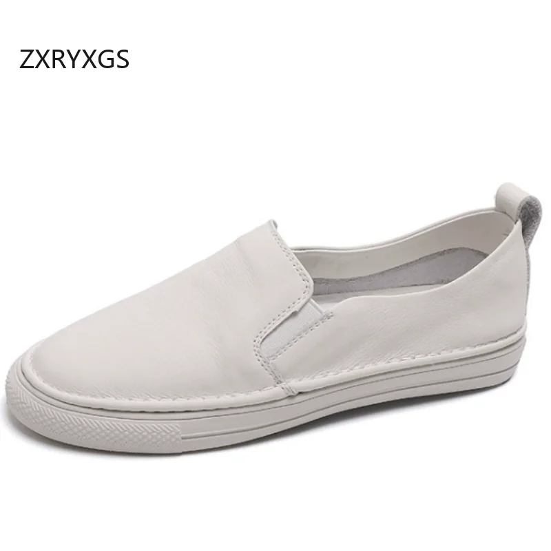 ZXRYXGS Top Cowhide White Shoes Women Flats 2026 Autumn New Fashion Casual Shoes Flat Sneakers Soft Sole Comfortable Loafers