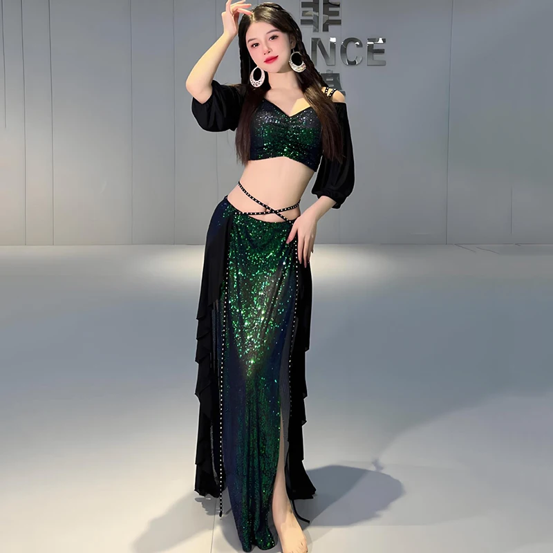 Women Belly Dance Costume Mermaid Mesh Shiny Training Class Top and Skirts Bellydance Suit Fantasia Feminina Party Dancewear