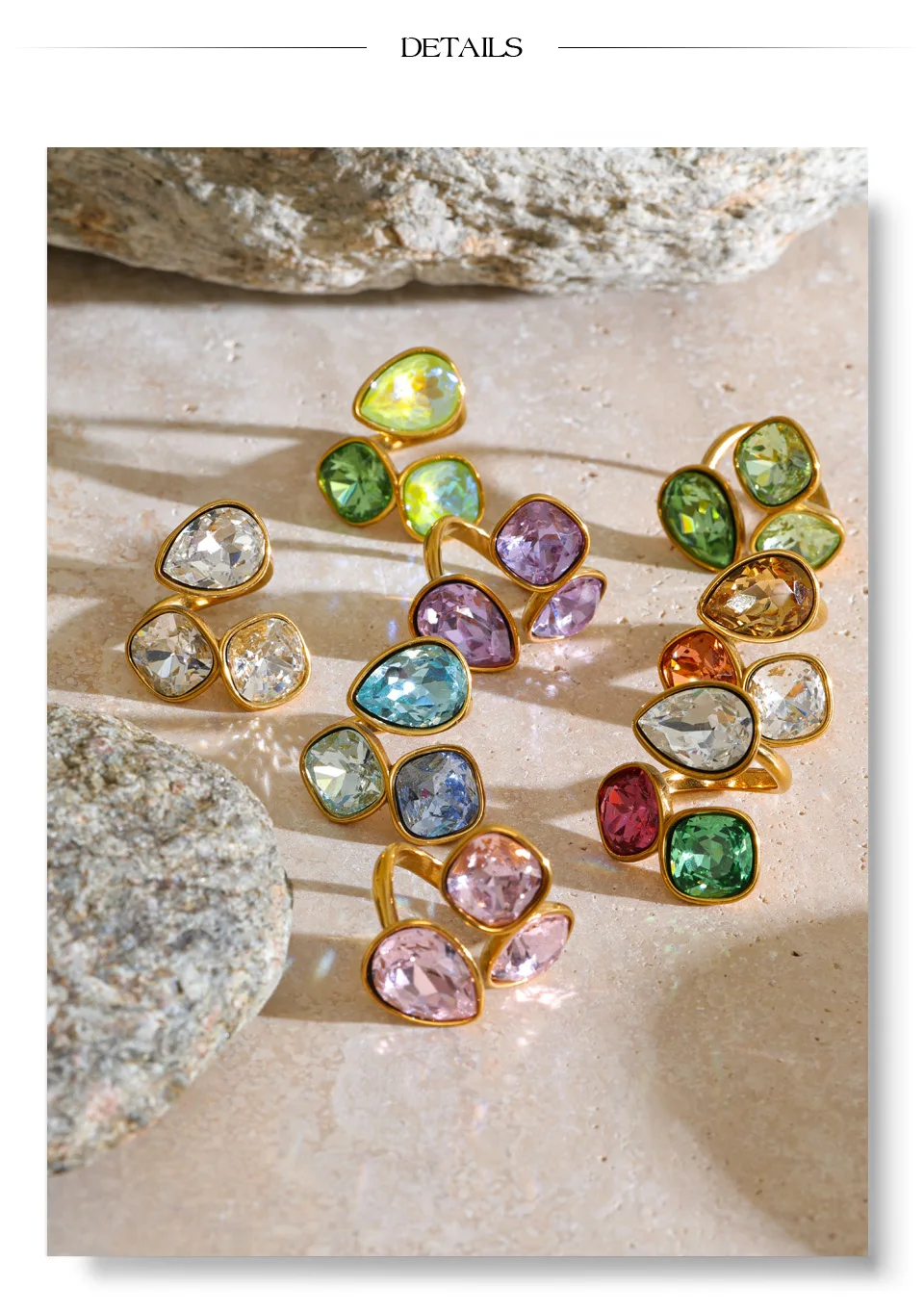 Yhpup 2026 Mehrfarbiger K9-Kristall-Quadrat-Ring für Damen, verstellbar, 18 Karat Goldfarbe, PVD-beschichtet, glänzender, exquisiter Schmuck – Detail 7