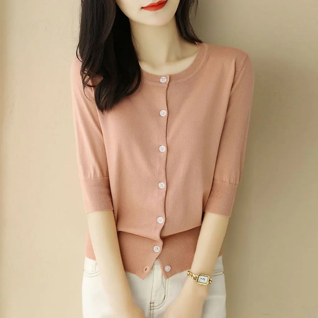 

Elegant Ice Silk Cardigan for Women Loose Half Sleeve Anti-Sunscreen Thin Top Summer New Single Wear Sweater