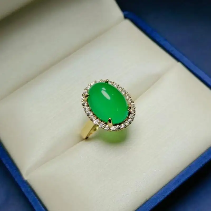 Natural Green Jade Ring Adjustable Size Women Band Genuine Chrysoprase Inlaid Zircon Jades Rings Jewelry Ladies Gifts