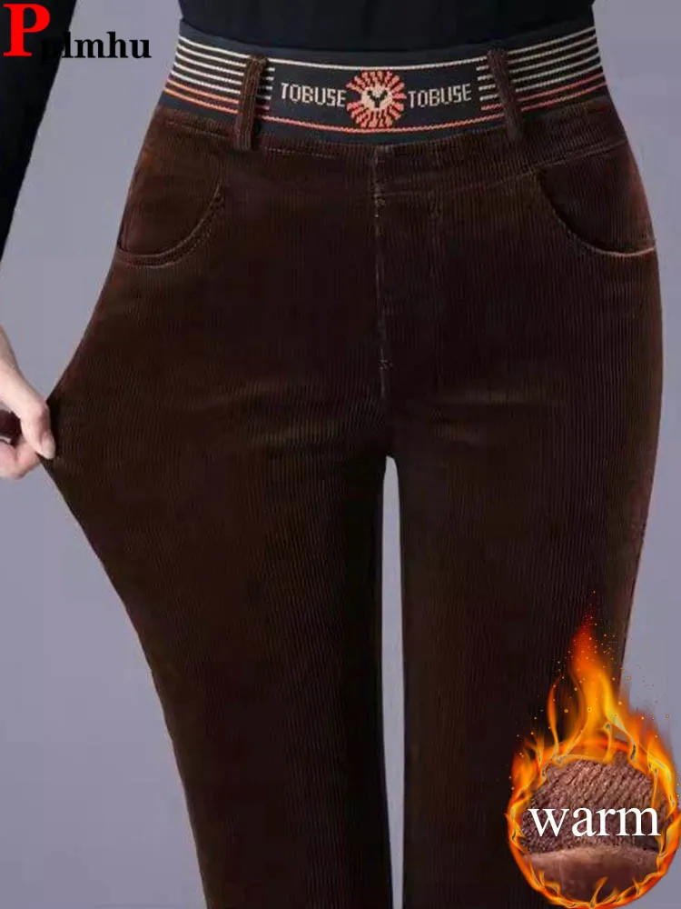 

Зимние теплые тонкие брюки-карандаш, женские повседневные эластичные вельветовые брюки с высокой талией, корейские модные утолщенные брюки на бархатной подкладке