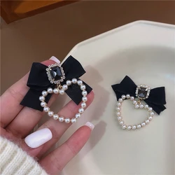 New Korean Trendy 925 Silver Needle Black Bowknot Square Crystal Drop Earrings for Women Elegant Pearl Heart Jewelry Gifts