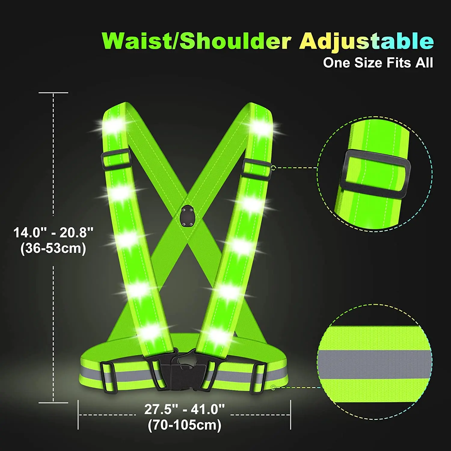 LED Reflective Vest Waterproof Adjustable USB Rechargeable Safety Vest for Women Men Night Running Jogging Walking Cycling Motor