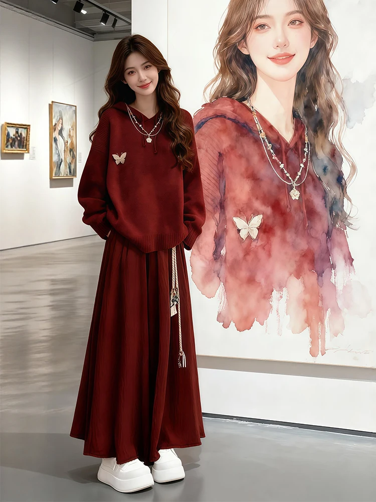 

Stunning Red Sweater And Skirt Set Women's Fashionable Casual Wear Warm Midweight Long Sleeve round Neck Hat Included