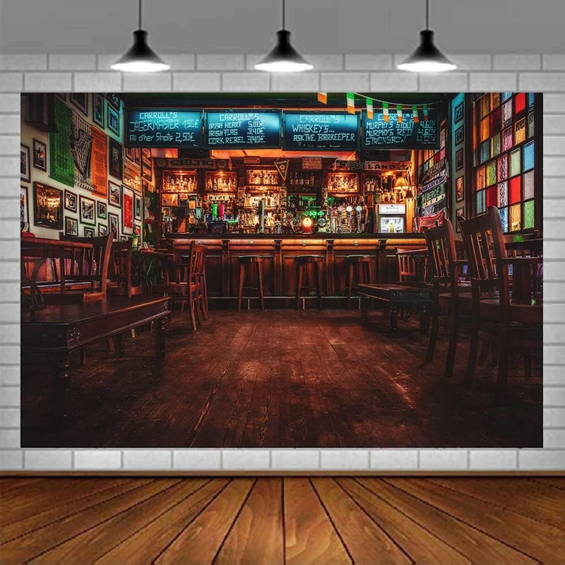 Night Bar Photography Backdrop Vintage Irish Pub Wooden Room Background For Evening Celebration Party Decor Photo Booth Props