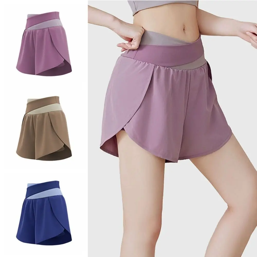 

Breathable Women Sports Shorts Colorblocked Elastic Waistband High Waist Workout Shorts Anti-Slip Pleated Running Shorts