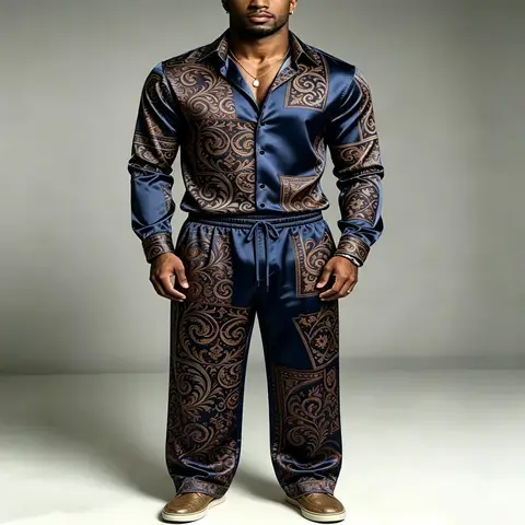 Men Luxury Satin Baroque Print 2‑Piece Outfit Long Sleeve Button Shirt + Drawstring Wide Leg Pants Set Nightclub Party Tracksuit