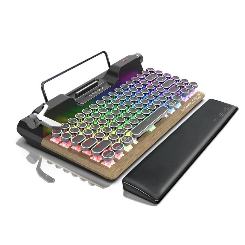classic wooden Retro Typewriter Keyboard, Typewriter Vintage with Mechanical Bluetooth 5.0,Punk Round Keys