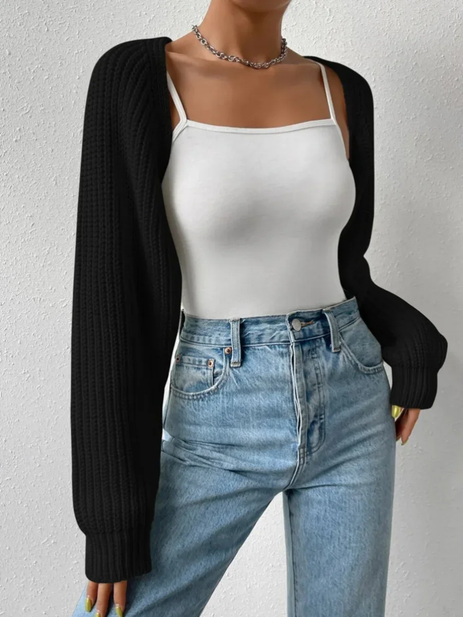 Women\'s Fashion Open Front Crochet Cardigan Casual Long Sleeve Solid Color Sweater Ribbed Knit Shrug Sweater Bolero Tops