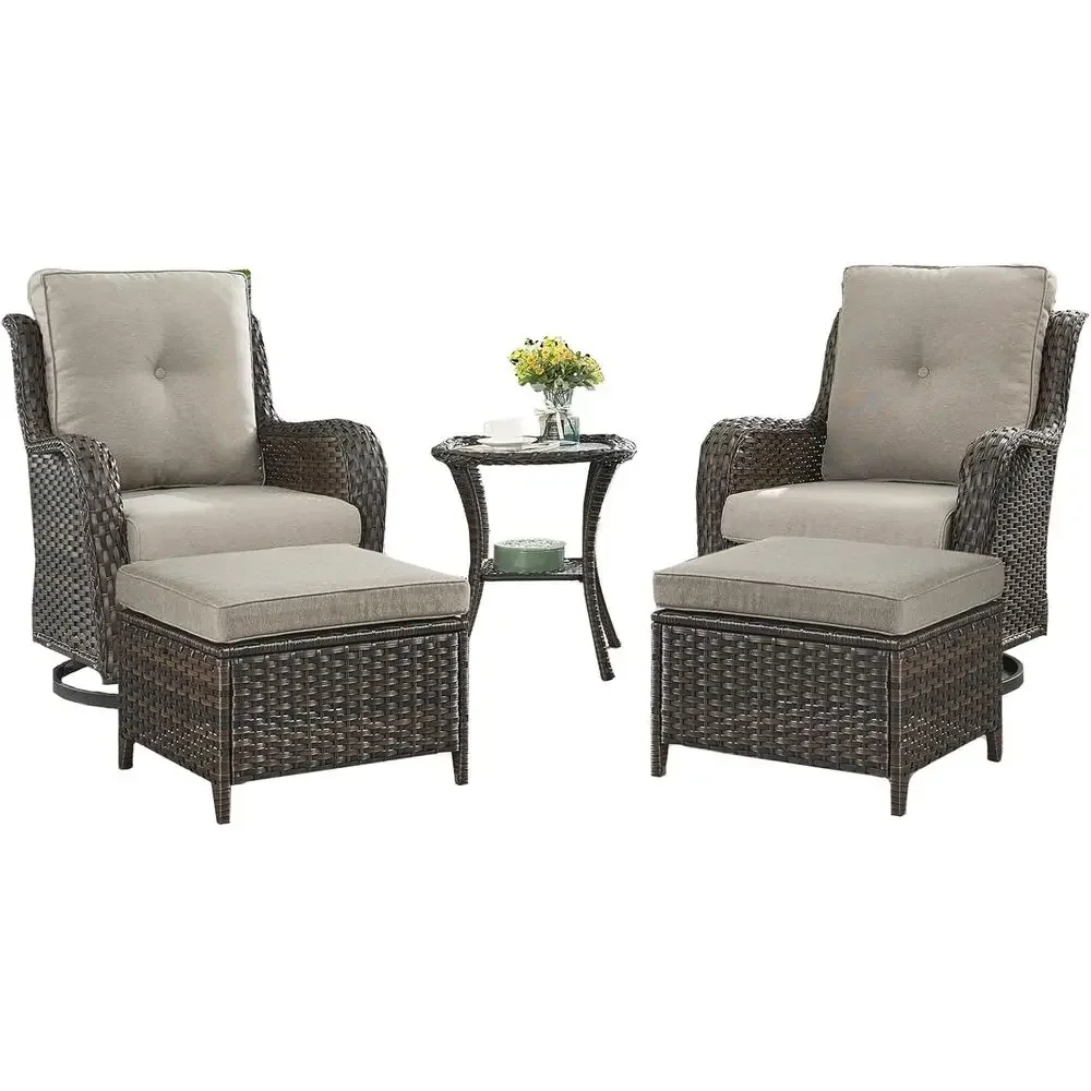 Wicker Patio urniture Set - 5 Piece Rattan Outdoor Sectional Contion Sets with 2 Swivel Rocking Chairs,2 Ottomans and 1 Side Tab