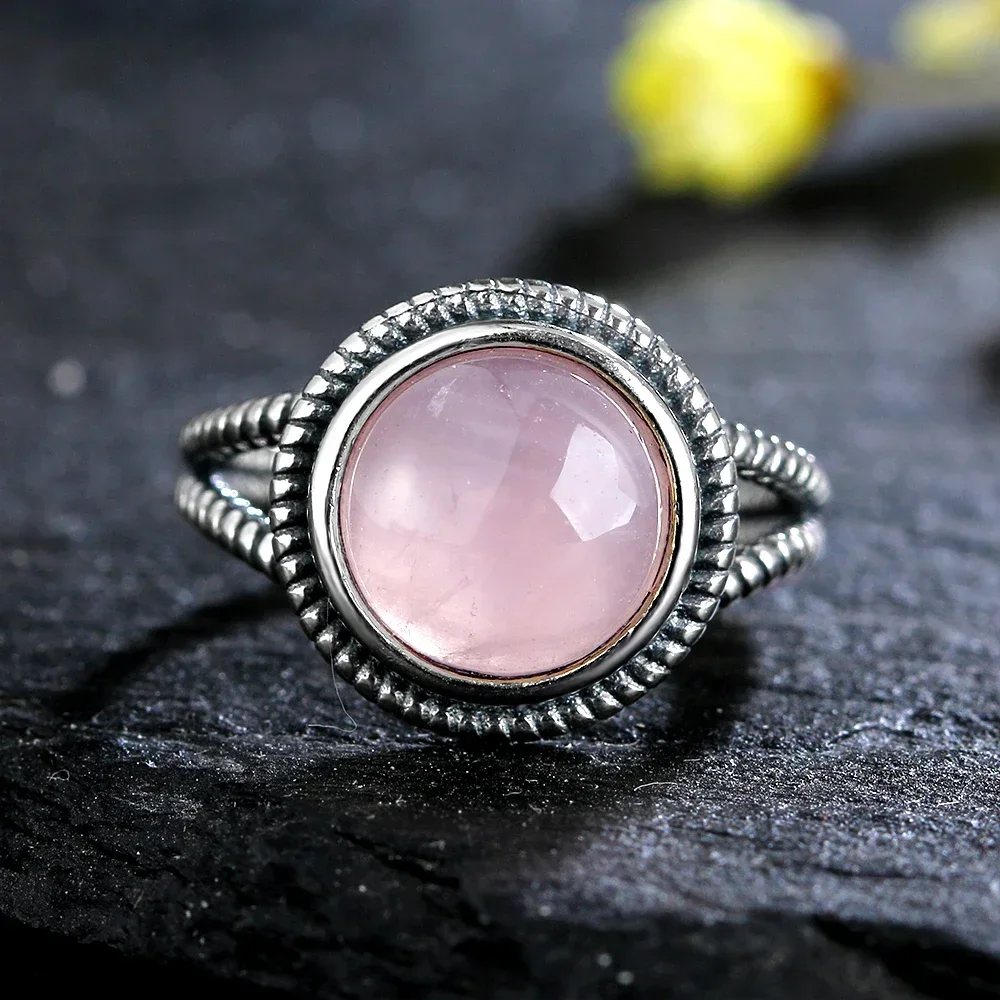 S925 Sterling Silver Ring Oval Round Rose Natural Quartz Ring for Women Gift Sun Shaped Retro Jewelry