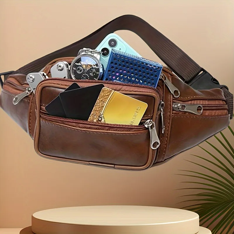 Retro Leather Waist Bag for Men, Multi Compartment Large Capacity Phone Bags, Durable for Work, Fashionable New Style
