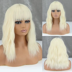 WERD Blonde Golden Synthetic Bob Wigs For Women With Bangs Wave Heat Resistant Cosplay Lolita Natural Hair