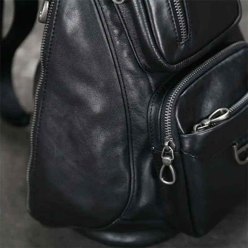 Imagem -03 - Bolsa de Couro Genuíno dos Homens Bolsa de Peito Bolsa de Ombro Único Pacote de Peito de Couro Bolsa de Equitação Esportes para o Homem Masculino Preto Peito Mochila