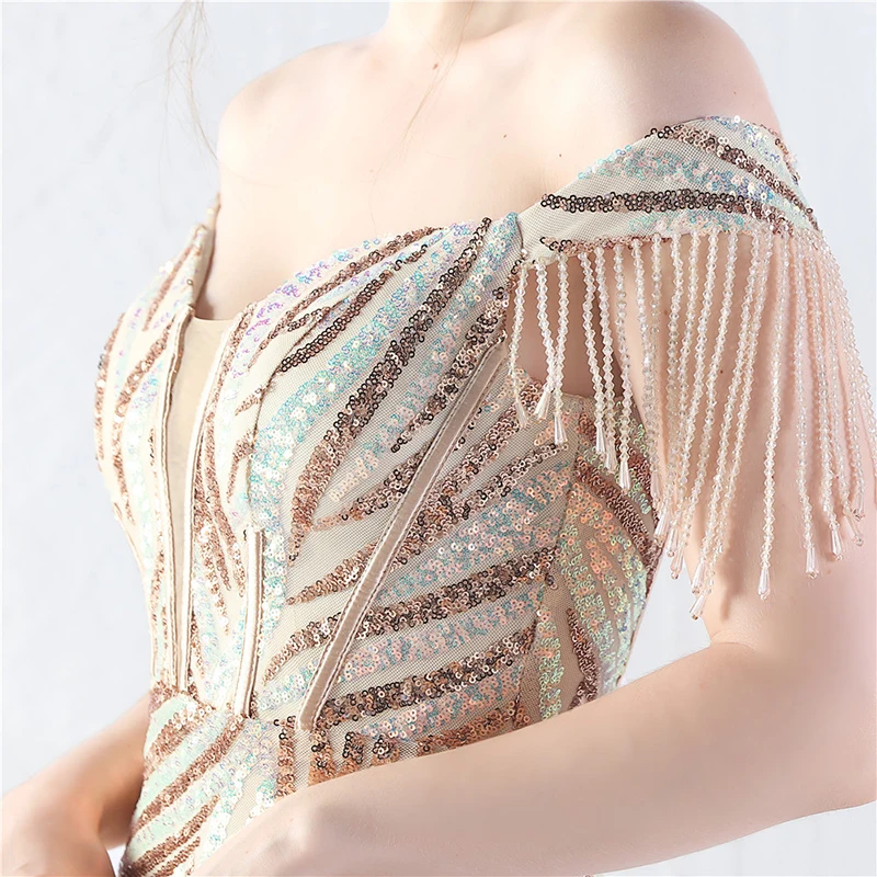 女性用セクシーでエレガントな夏のオフショルダービーズタッセル付きスパンコールレースアップバンデージスリムカクテルプロムイブニングロングドレス