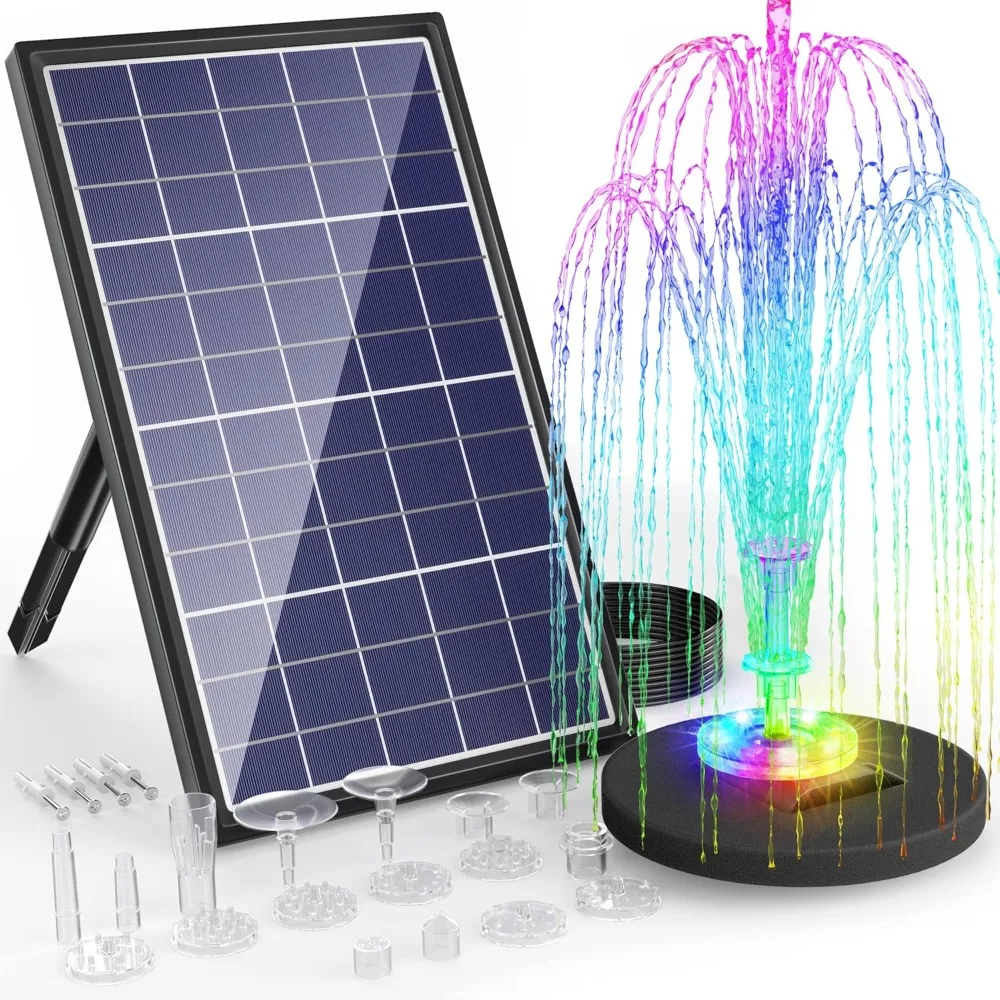 

Solar Fountain Pump with Battery Backup 4400mAh, 10W Solar Bird Bath Fountain with LED Lights, DIY Water Feature Solar Fountain