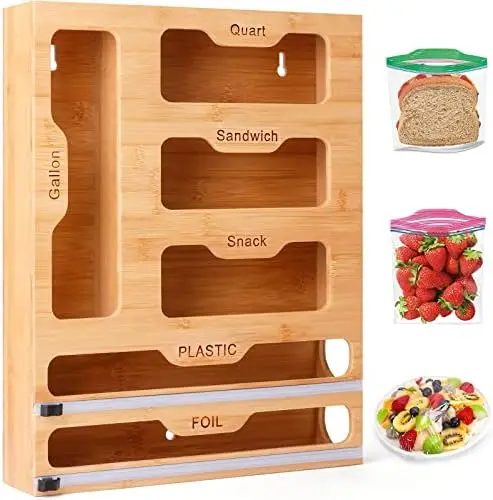 

Ziplock Bag Storage Organizer and Wrap Dispenser with Cutter and Labels, 2 in 1 Bamboo Kitchen Drawer Organizer, Foil and Plasti