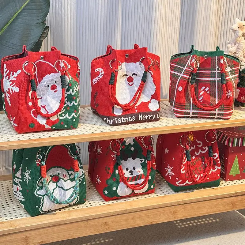 

Cartoon Reindeer Santa Claus Knitted Bucket Bag For Women Fashion Large Capacity Portable Handbag Christmas Knitted Gift Bag