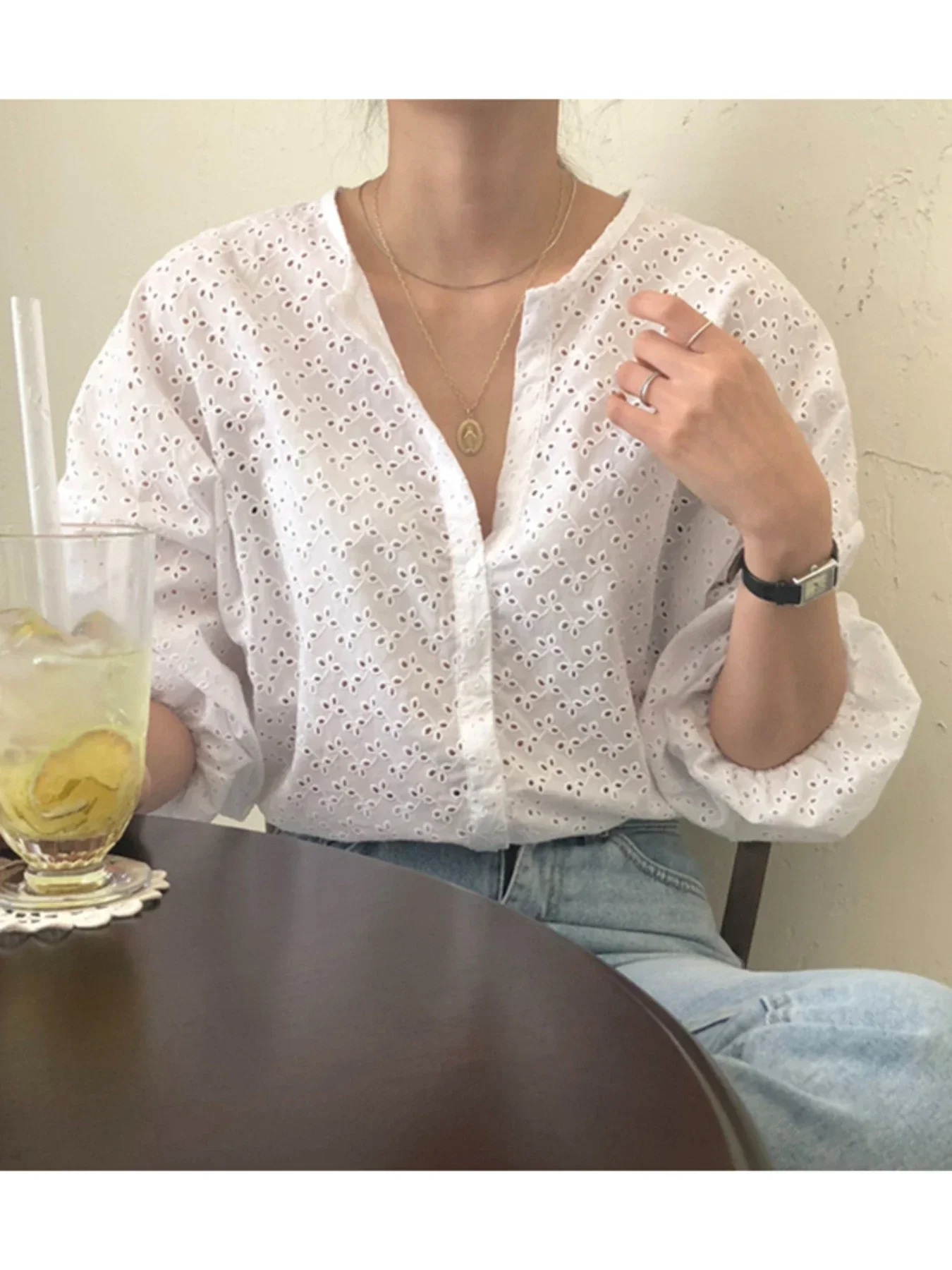 ZANZEA 2025 Herfst Mode Vrouwen Hollow Out Shirts Office Lady Tops Casual Solid Bladerdeeg Mouw Losse Katoenen Oversized Blusa Femme