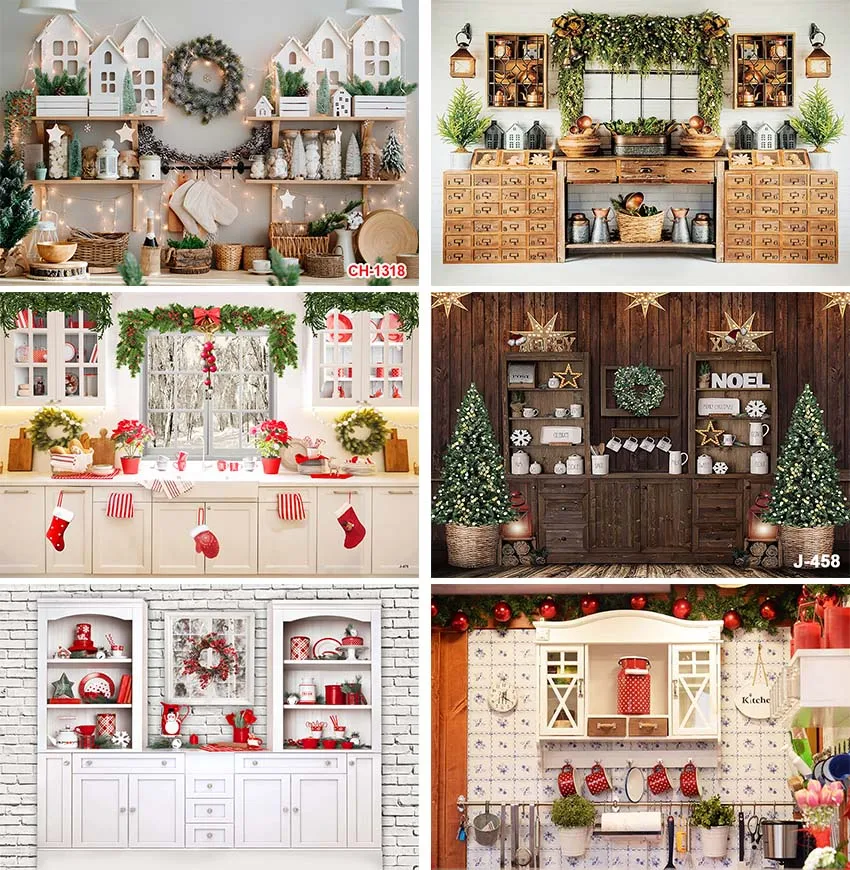 

Photography Christmas Kitchen Backdrop Bustic Wood Cupboard Adult Children Winter Portrait Backgrounds Photo Studio Xmas Tree