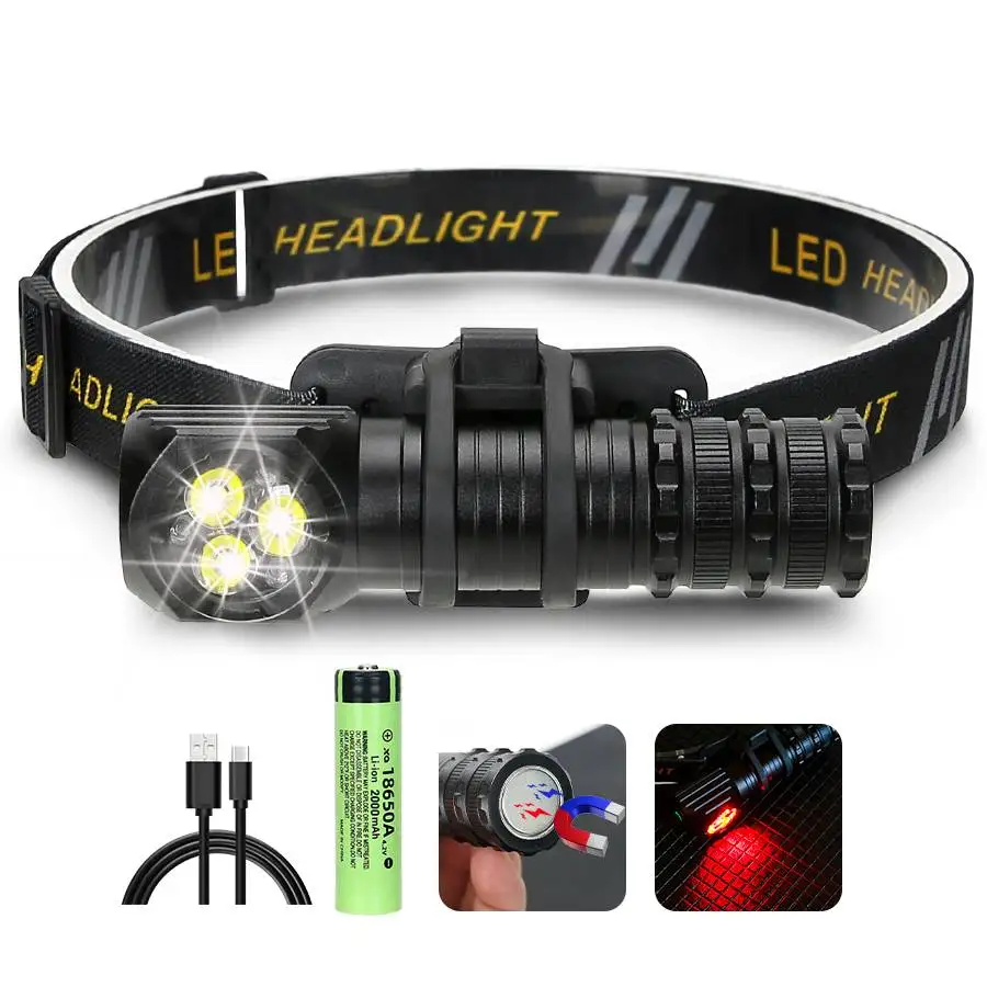 T300 Headlamp Rechargeable 2000/1500mAh Headlight 1300LM 7 Lighting Modes LED TYPE-C Rechargeable Magnetic Tail Work Camp Light