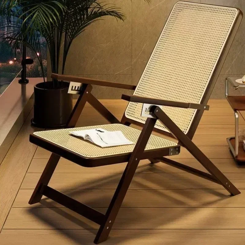 New Rattan-woven Chaise Lounge Folding Reclining Chair Single Person Armchair Backrest Chair Lunch Break Seat Living Room F
