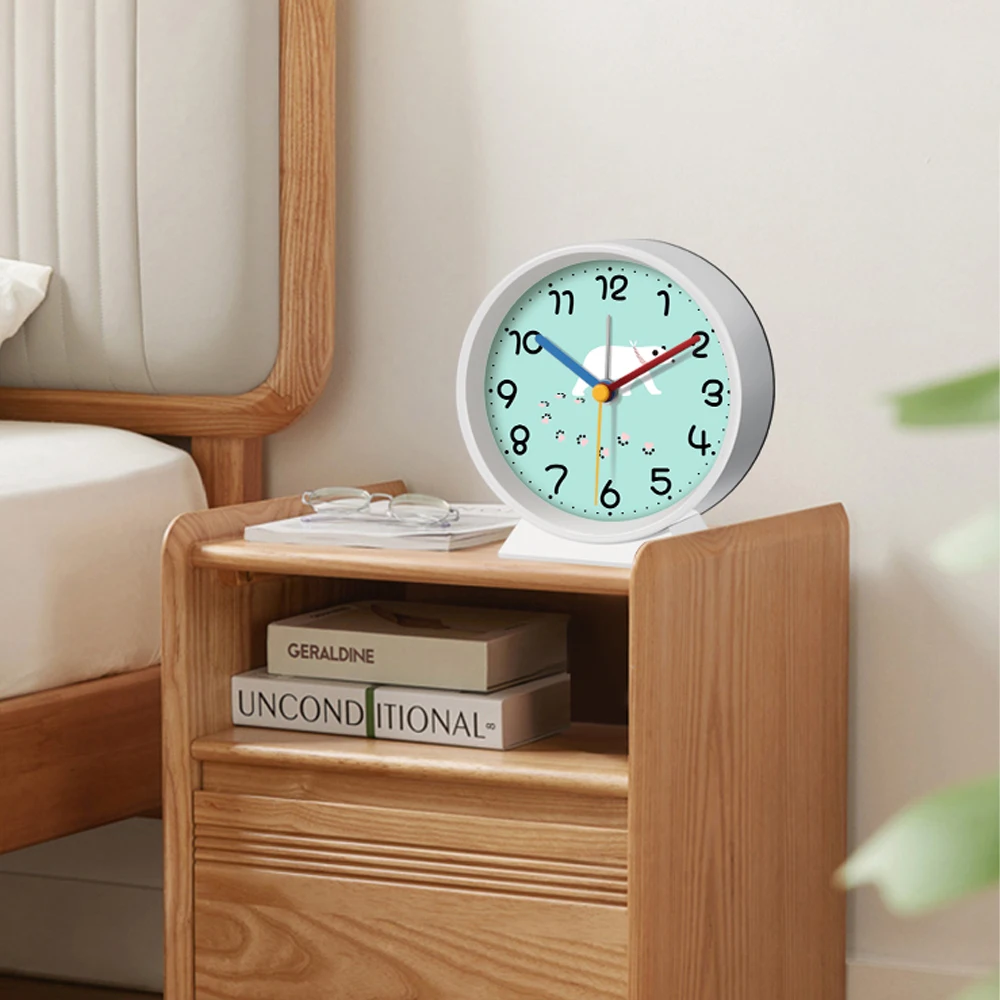 

10cm Desktop Alarm Clock Night Light Cartoon Animal Silent Metal Frame Bedside Clock For Bedroom Living Room Home Decor