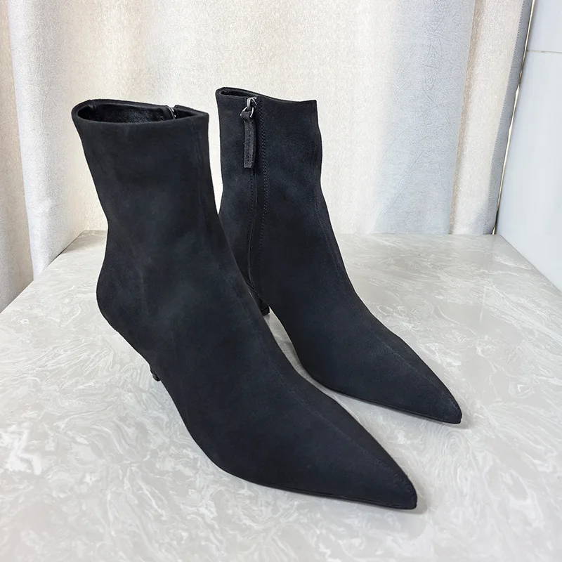 

Dave&di Women's Shoes Cow Suede Leather Pointed Toe Thin Heel 55cm Heel British Commuting Slim Boots Side Zipper Ankle Boots