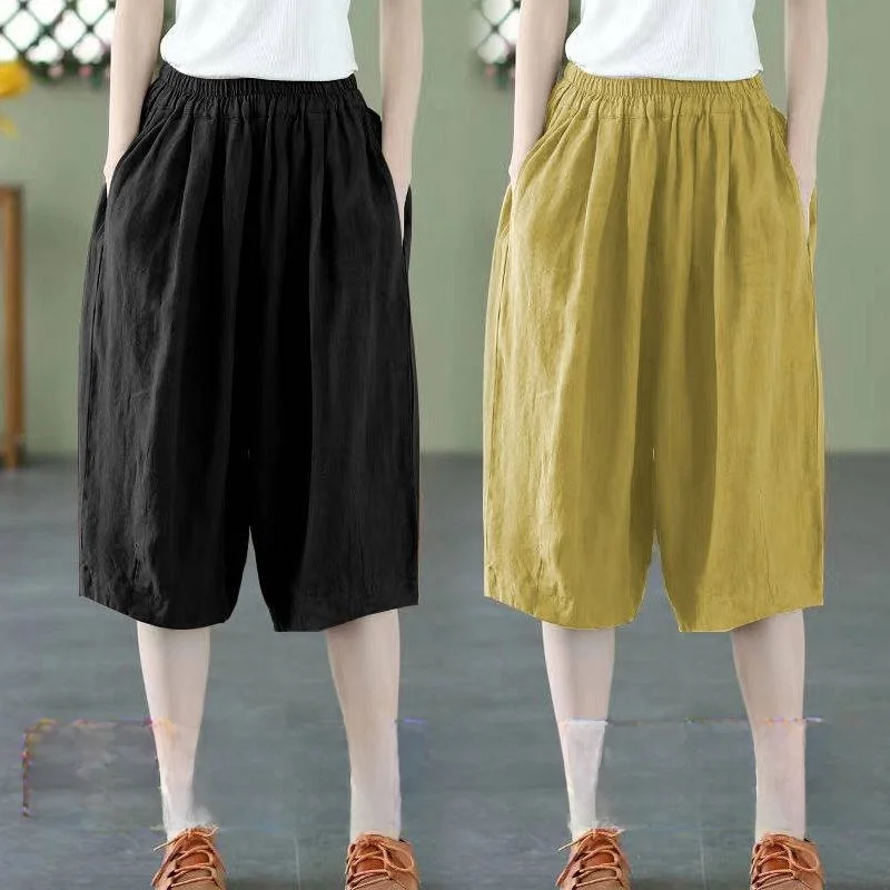 

High Waist Wide Leg Pants Women's Summer Slimming Casual Versatile Five-Quarter Length Elastic Waist Two-Piece Set