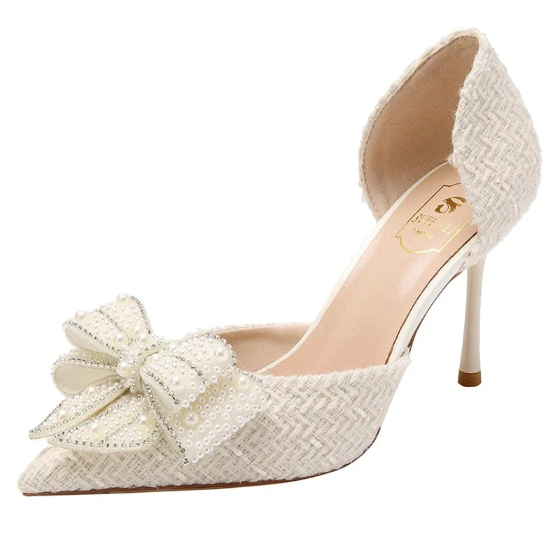 Luxury Pearl Crystal Bowtie White Wedding Shoes Women 2024 Spring Brand Designer High Heels Pumps Woman Thin Heeled Party Shoes image 3