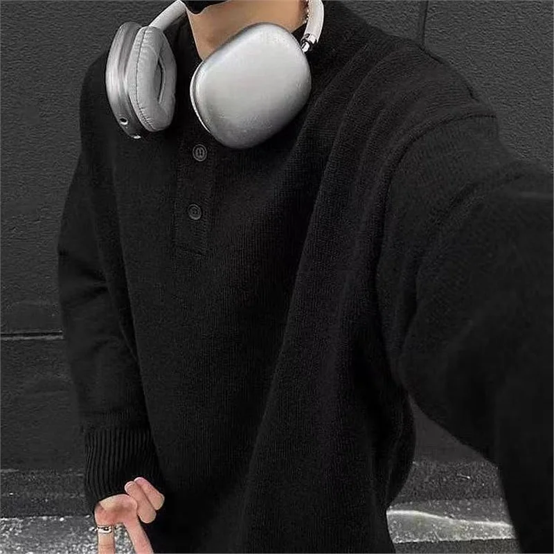 Lazy Style Men's Casual Knitted Sweater Grey Vintage Loose Fit Base Layer Shirt American Retro Autumn Winter New Arrival