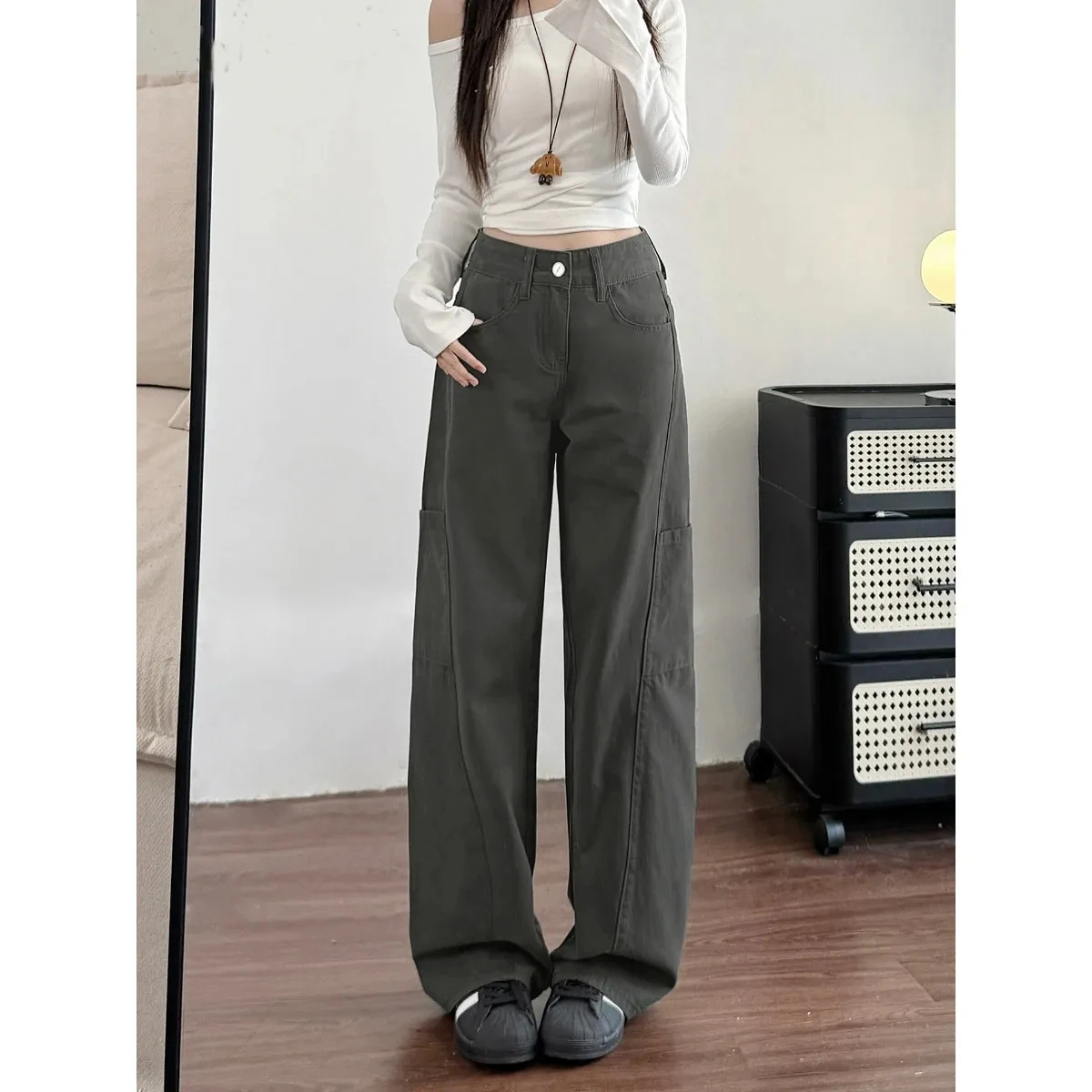 

Womens Jeans Y2k Jeans Winter New Wide Leg Trousers Gray Cargo Pants Loose Straight Denim Comfort Fit Relaxed Style Fashion