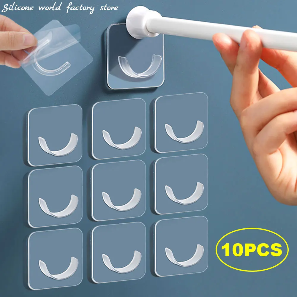 Silicone World 10PCS Wardrobe Hanger Rod Telescopic Pole Fixed Bracket Self-adhesive Curtain Rod Tube Hook Fixing Support Seat