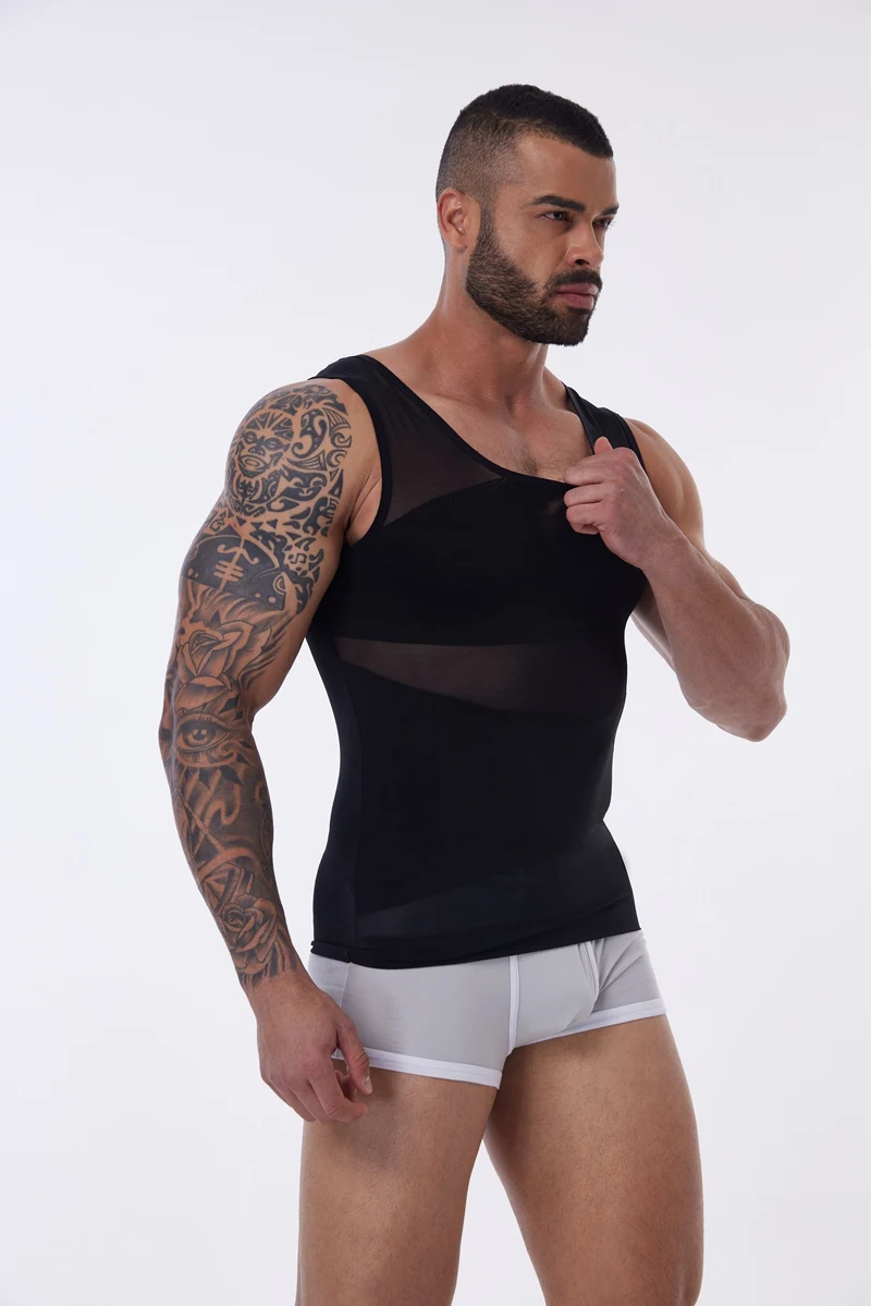 Kompressionsshirt für Männer, schlankmachendes Unterhemd, Body Shaper Tank Top, Gynomastica, ärmellose Shapewear-Weste, Netz-Kreuzanzug, 3XL – Detail 10