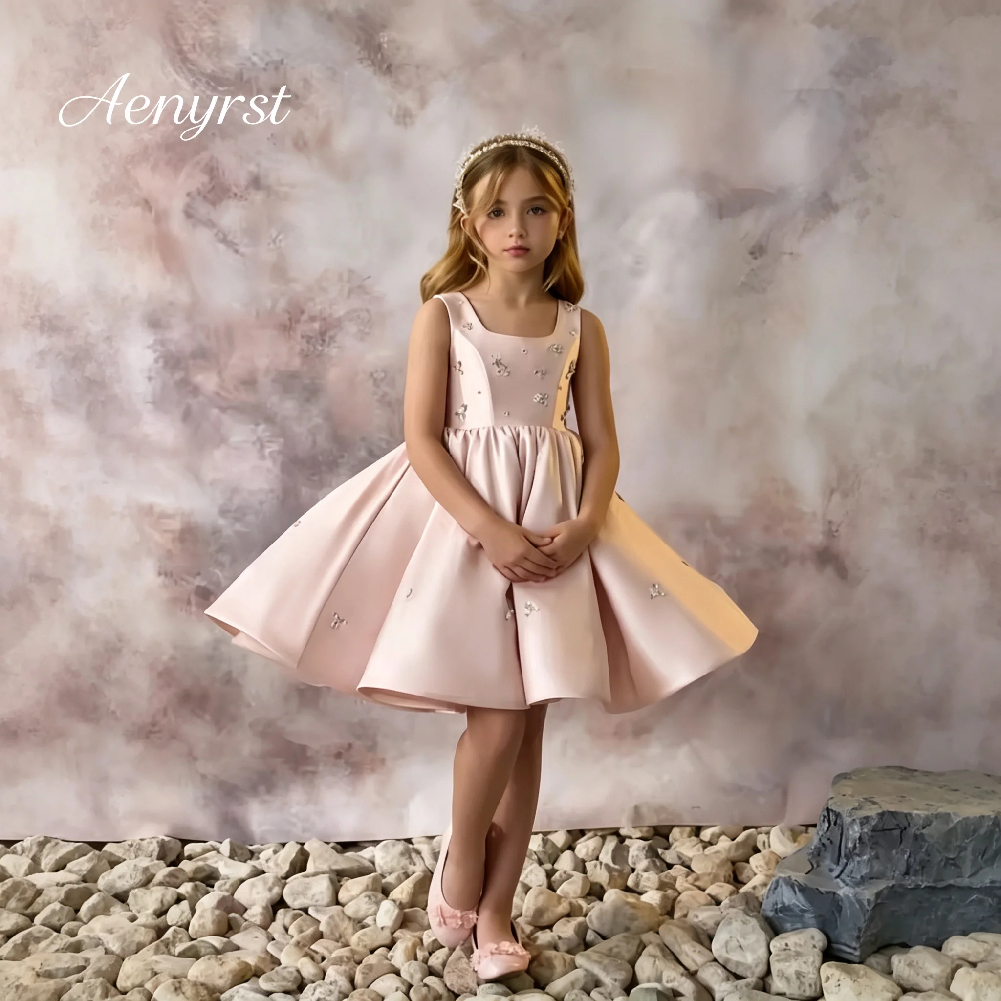 Girls Light Pink Satin Floral Applique Flower Girl Dress Sleeveless Kids Wedding Party Formal Dress