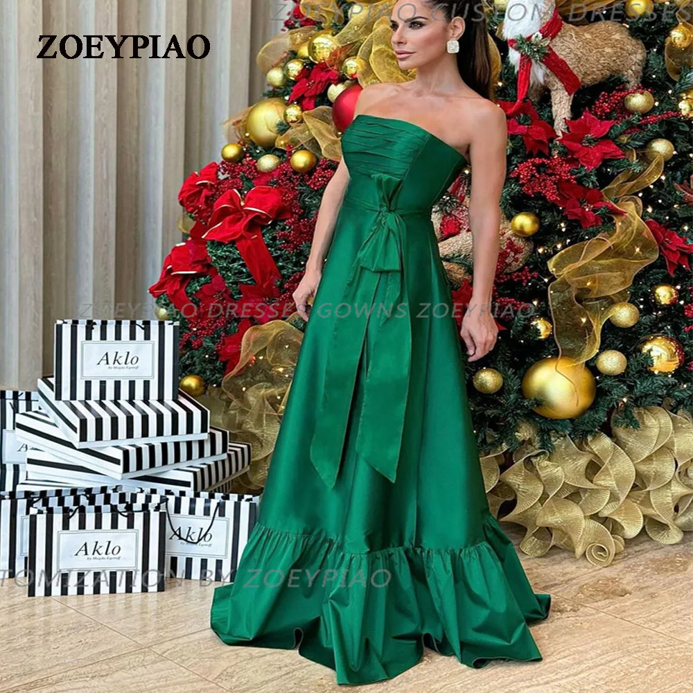 

Elegant Green A Line Prom Dresses Strapless Sleeveless Wedding Guest Gowns for Women 2024 Front Bow Formal Party Dress