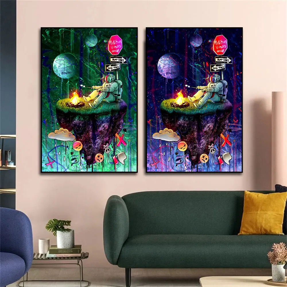 

Graffiti Pop Art Astronaut Separate Green And Purple Canvas Painting Print Poster Home Decor Wall Art Picture For Living Room