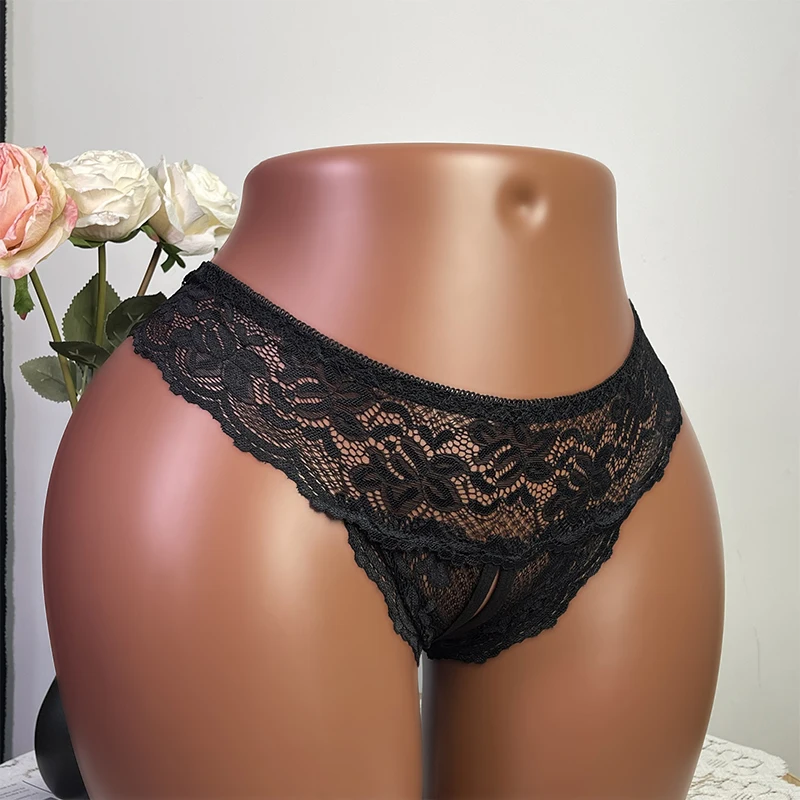 Crotchless Black Sexy Women's Lace Mesh Hollow Out Female Lingerie Sex Open Crotch Panties Transparent Underwear Erotic Costumes image 2