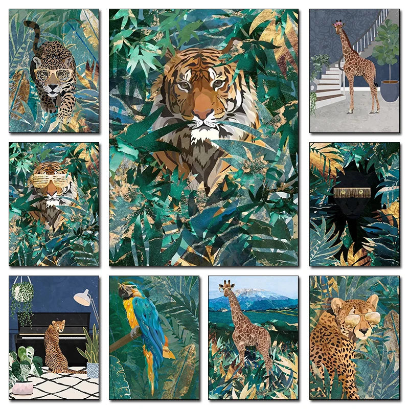 

Jungle Leopard Tiger Tropical Plants Lion Abstract Wall Art Print Diamond Painting Nordic Poster Decor Pictures for Living Roo