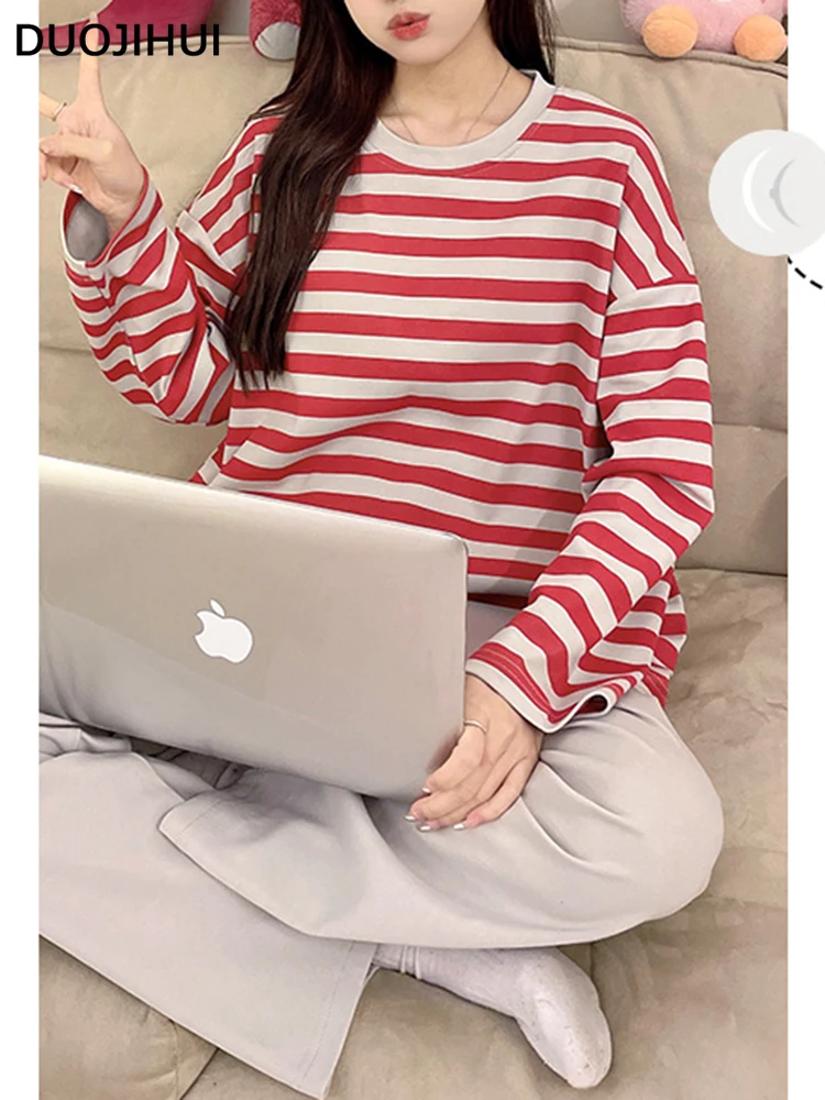 DUOJIHUI-Conjunto de pijama listrado com almofada no peito para mulheres, manga comprida, moda casual, moda coreana, primavera e outono, 2 peças