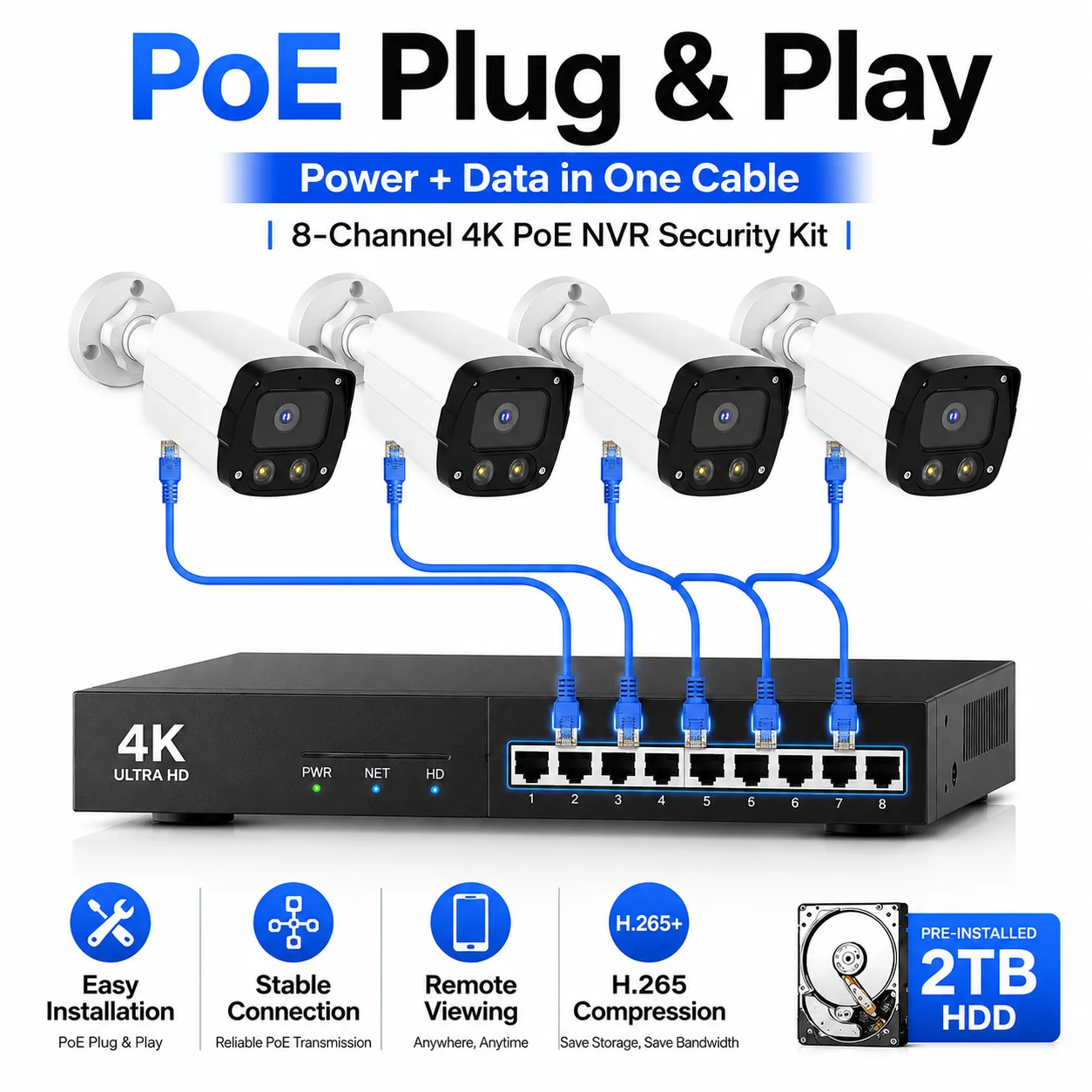 K8-8B8 Ultra HD Security Kit 8MP Bullet Cameras Auto Tracking AI Human Detection Full Color Night Vision POE Outdoor System Dual