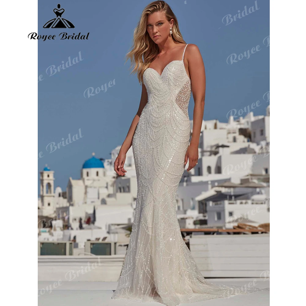 2027 Spaghetti Strap Beaded Mermaid Wedding Dress Sweetheart Neck Low Back Bridal Gown for Beach Wedding Customized